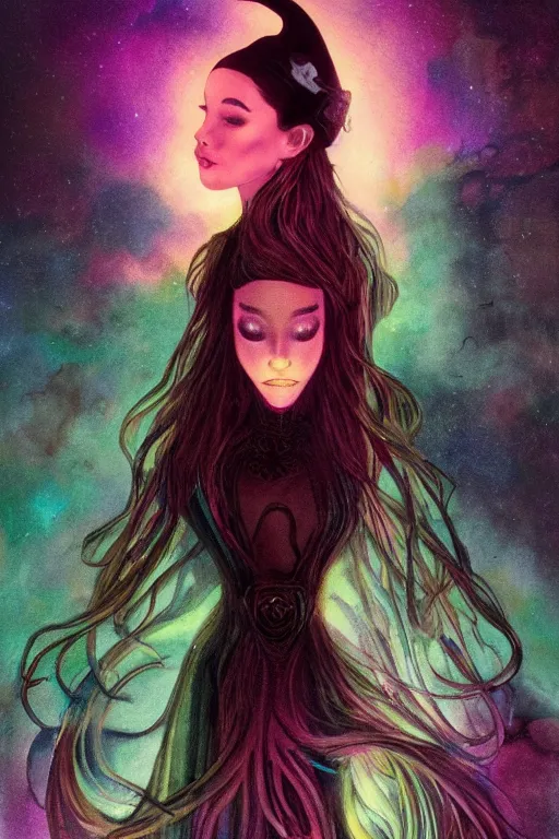 Prompt: ink witch ariana grande, art by frank kelly & michael bohme, trending on artstation, bioluminescence closeup view illustrator, american romanticism, very very elegant, 4 k hd