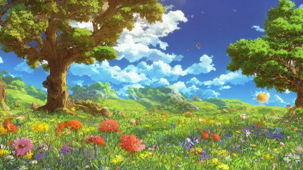 Image similar to fantastic anime sunny meadow with flowers, lone old Oak in the middle plane and mountains on the background, by Hayao Miyazaki, nausicaa of the valley of the wind, studio Ghibli style, Anime wallpaper, stunning