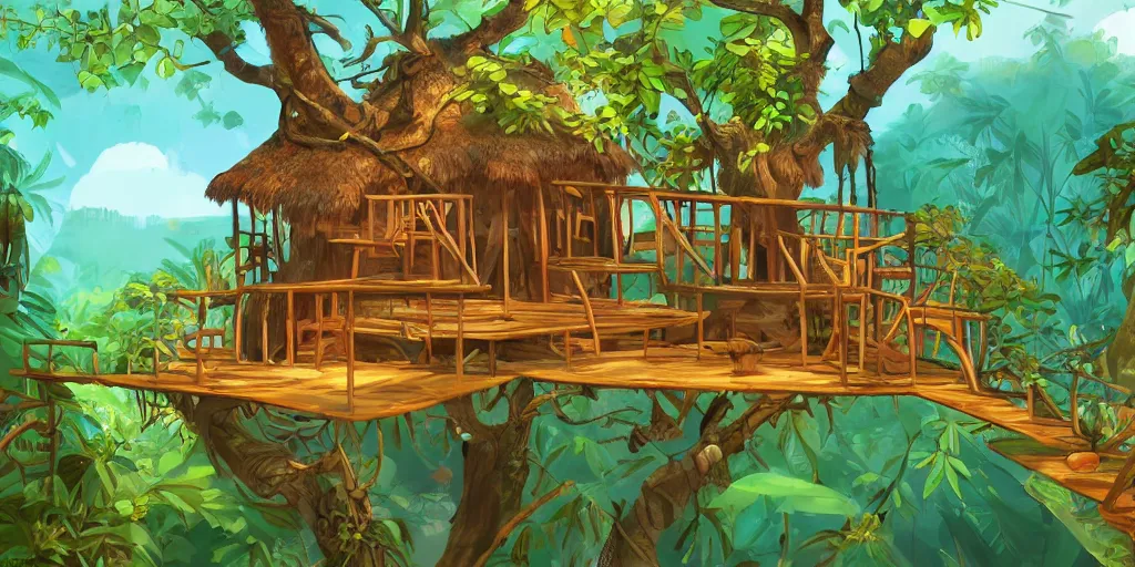 Image similar to a tree house in the jungle, sunshine, by alba ballesta gonzalez. 4 k wallpaper, digital flat 2 d, japan animation, comic book, illustration, cinematic lighting, smooth sharp focus.