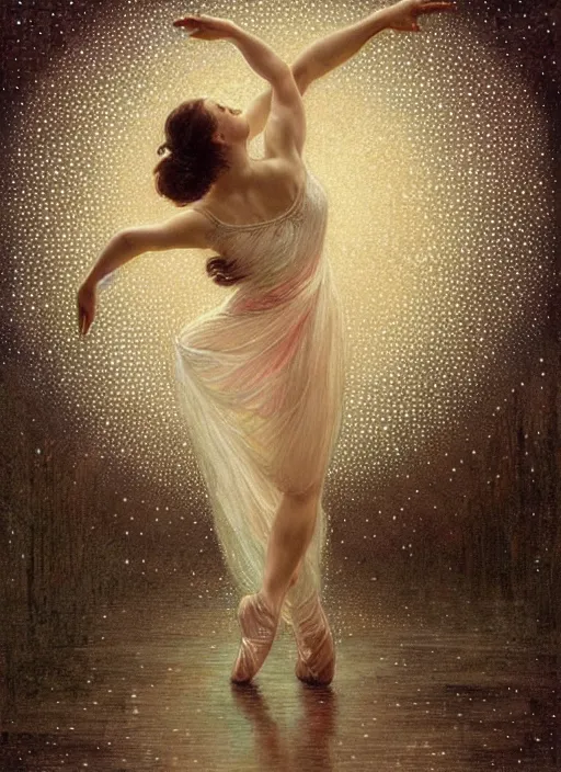 Image similar to a beautifull intricate dot painting of a dancing ballerina, reflexions, verry high details by william turner art, greg rutkowski and alphonse mucha, trending on artstation, very very detailed, masterpiece, muted colors