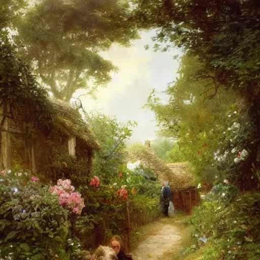 Image similar to Jean-Baptiste Monge and Solomon Joseph Solomon and Richard Schmid and Jeremy Lipking victorian genre painting portrait painting of an english country cottage with a stone path and flower garden