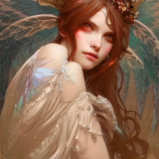 Prompt: beautiful angelic seductive fairy, fantasy, intricate, cinematic lighting, highly detailed, digital painting, artstation, smooth, sharp focus, illustration, art by Akihiko Yoshida, Greg Rutkowski and Alphonse Mucha, by Pixar