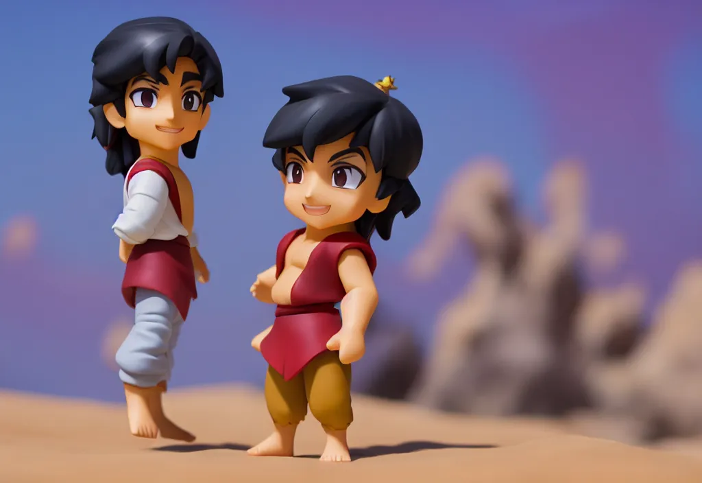 Image similar to side view of young aladdin as nendoroid running in desert village, 8 k hd dof, kodak film,