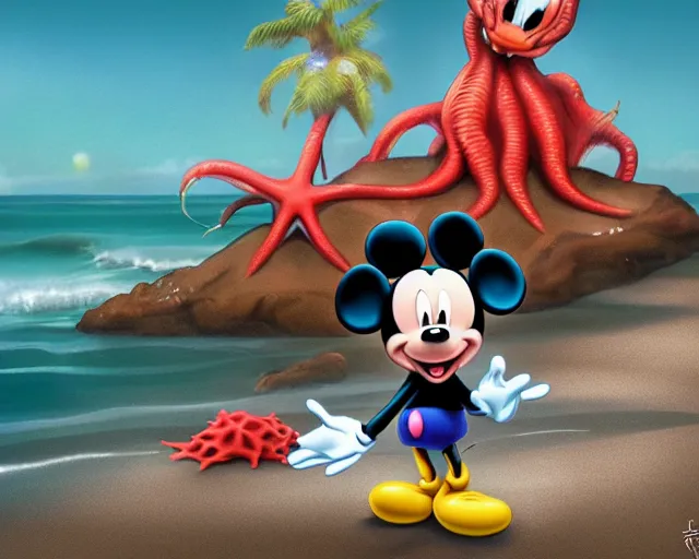 Prompt: Mickey mouse sitting next to terrifying sea creatures on a creepy beach, digital art, by Daniel Conway, super detailed, artstation