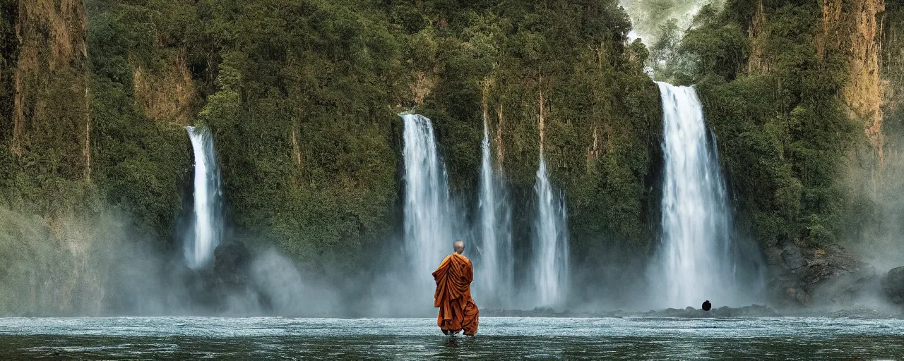 Image similar to dang ngo, annie leibovitz, steve mccurry, a simply breathtaking shot of mediating monk at one giant waterfall, wide shot, symmetrical