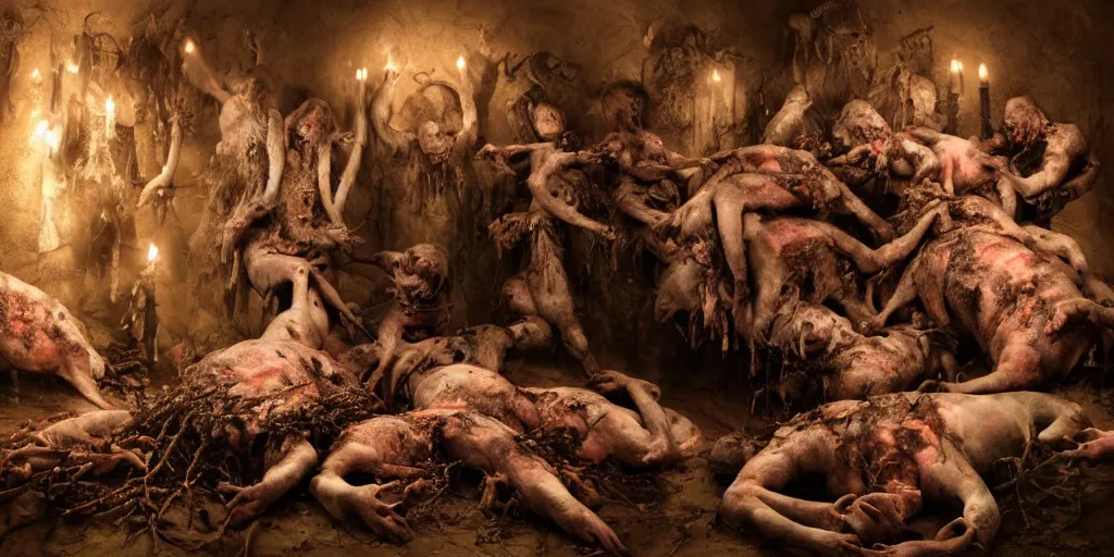 Image similar to a highly detailed realistic photographic render of swarm of corpses worshipping a severed head of a pig with crown of thorns , dead souls, religious sculpture, creepy, cinematic lighting, cinematic scene, Volumetric lighting, Atmospheric scene, Dark, Horror, Atmospheric lighting, Global illumination, realistic, photo realism, hyper realistic, hyper realism, photo realisitc, cinematic render, film, beautifully lit, ray traced, octane 3D render, octane render, unreal engine