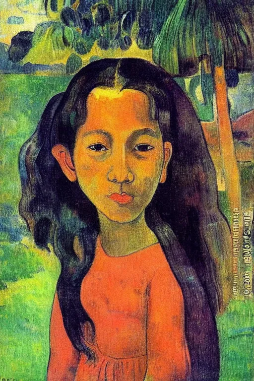 Image similar to “ cute mango girl portrait drawn by paul gauguin ”