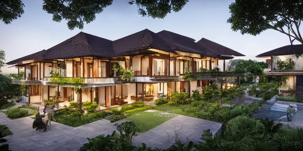 Image similar to 3d rendering of beautiful nature meets architecture concept of a residential house. balinese architecture, volumetric lighting, luxury, high detail, 14mm, cinematic photography, cg architects, high resolution