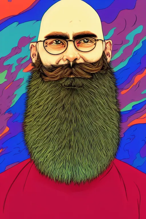 Image similar to a colorful closeup portrait of a young bald man with a huge beard and dreaming psychedelic hallucinations in the vast icy landscape of antarctica, by kawase hasui, moebius and edward hopper, colorful flat surreal design, hd, 8 k, artstation