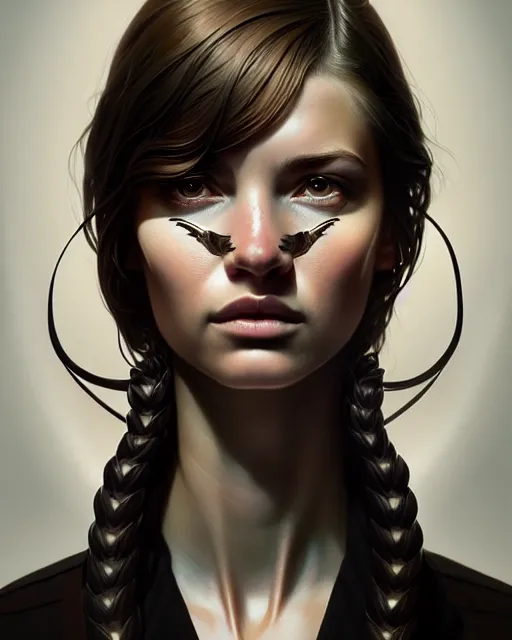 Image similar to hyper - realistic portrait of a female hunter, symmetrical face and body, symmetrical composition, dynamic wavy hair, detailed designs, digital painting, 4 k, by ilya kuvshinov, by greg rutkowski, atmospheric lighting