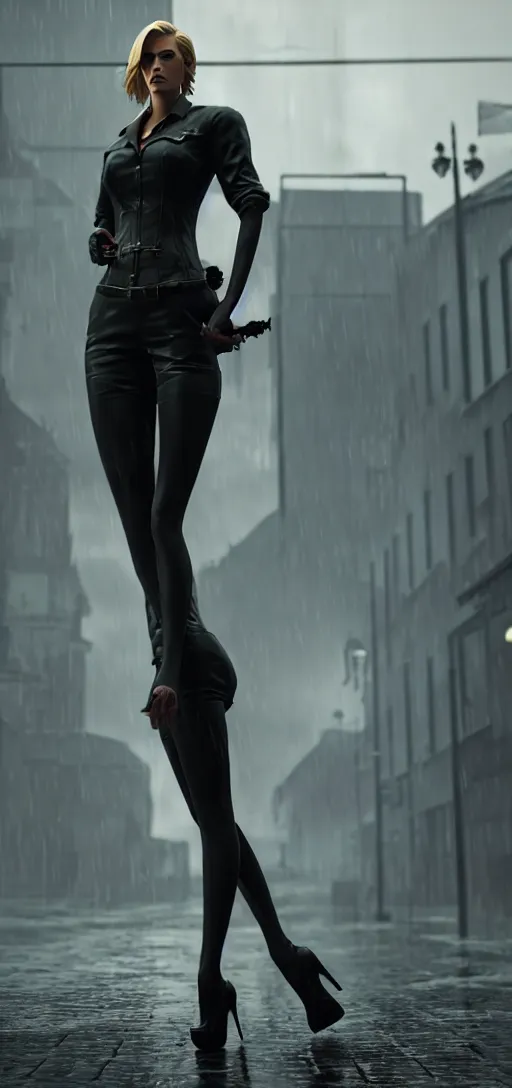 Prompt: beautiful annie leonhart posing on high heels in dunwall city, redshift render, high heels open toe, beautiful face, detailed face, cinematic lighting, rainy weather, melancholy atmosphere, volumetric light, octane render, dishonored 1, gothic architecture, realistic reflections, octane render 8 k, model women