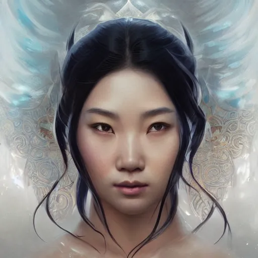 Prompt: asian water elemental, lifelike, portrait, looking at viewer, highly detailed, digital painting, artstation, concept art, sharp focus, illustration, cinematic lighting, art by artgerm and greg rutkowski and alphonse mucha