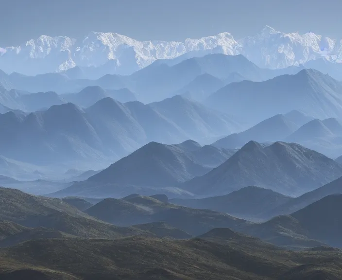 Prompt: 4 k hd, high detail photograph of mountain ranges seen from far away, morning, spring, shot with sigma f / 4. 2, 2 5 0 mm sharp lens, wide shot, consistent, volumetric lighting, high level texture render, unreal engine