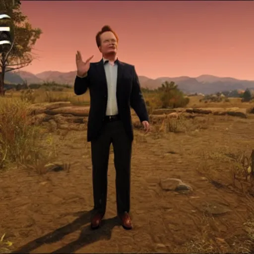 Image similar to Conan O'Brien as a holy preacher, in game screenshot of Red Redemption 2