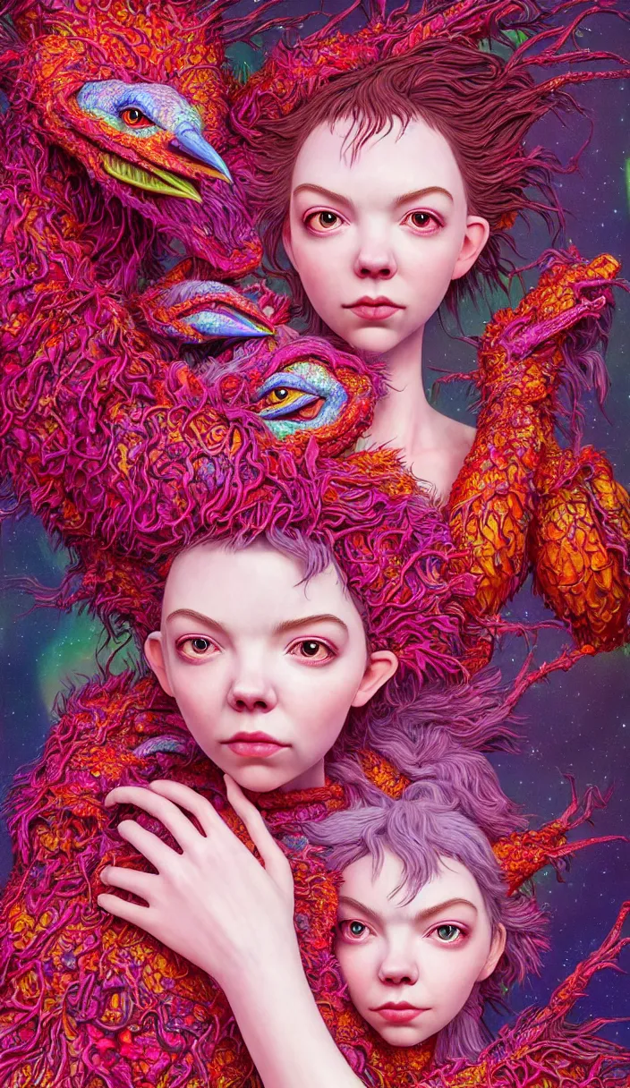 Image similar to hyper detailed 3d render like a Oil painting - kawaii portrait of two Aurora (a beautiful skeksis muppet fae princess protective playful from dark crystal that looks like Anya Taylor-Joy) seen red carpet photoshoot in UVIVF posing in scaly dress to Eat of the Strangling network of yellowcake aerochrome and milky Fruit and His delicate Hands hold of gossamer polyp blossoms bring iridescent fungal flowers whose spores black the foolish stars by Jacek Yerka, Ilya Kuvshinov, Mariusz Lewandowski, Houdini algorithmic generative render, Abstract brush strokes, Masterpiece, Edward Hopper and James Gilleard, Zdzislaw Beksinski, Mark Ryden, Wolfgang Lettl, hints of Yayoi Kasuma and Dr. Seuss, octane render, 8k