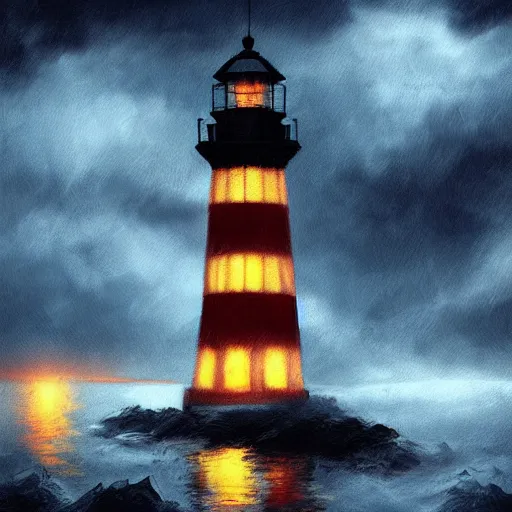 Image similar to beautiful impressionist mysterious digital painting about a scary light house glowing in the dark of a stormy night, trending on artstation, gloomy, moody, highly detailed