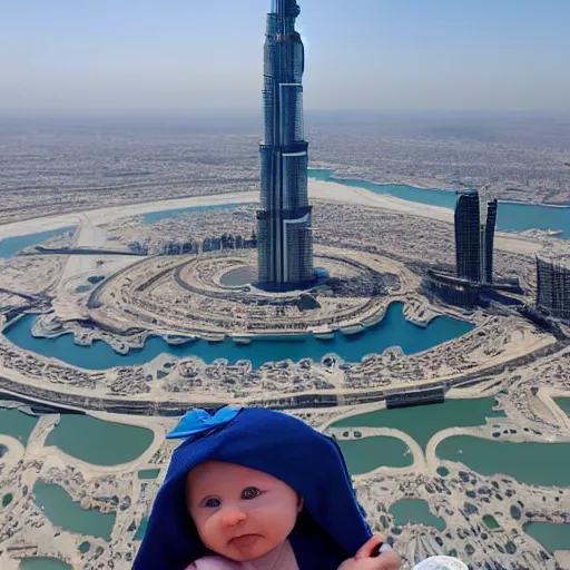 Image similar to hyper realistic baby standing at the top of burj khalifa and the background is the view of the sea photography