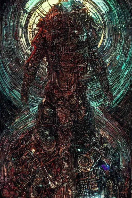 Prompt: carbarian wearing huntsonic ( armor ), in the style of philippe druillet and ionicus, trending on artstation, shaggy lighting low angle view solarpunk, final, futuresynth, multiple exposure, dadaism