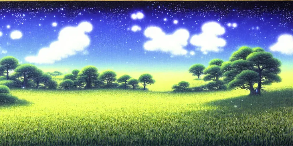 Image similar to a peaceful meadow, manga panel, hitoshi ashinano, fantasy