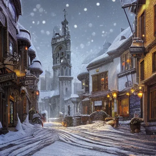 Prompt: an ultra detailed tarot card of the quaint town of galic, grid shaped city cobblestone streets, fantasy city, the morning after a heavy snowfall, wind, inspiring gothic architecture, ultrawide lense, aerial photography, unreal engine, exquisite detail, 8 k, art by greg rutkowski and alphonse mucha