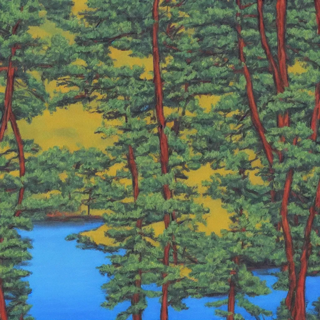 Prompt: a lake surrounded by pine trees painted by Bob Ross