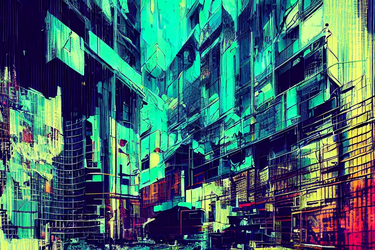 Image similar to fragmented architecture collage by atelier olschinsky, cyberpunk, (high contrast), ((oversaturated)), grafitti paint, bokeh, dof, unreal engine