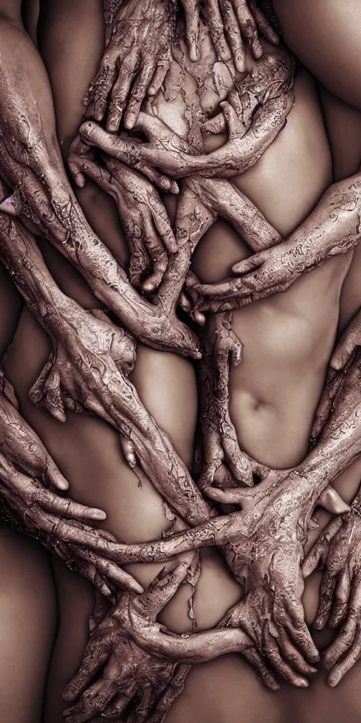 Prompt: closeup of beautiful human bodies intertwined, 3 d fractals, mandelbulb, dripping wet, skin, highly detailed, hyperrealism, cinematic