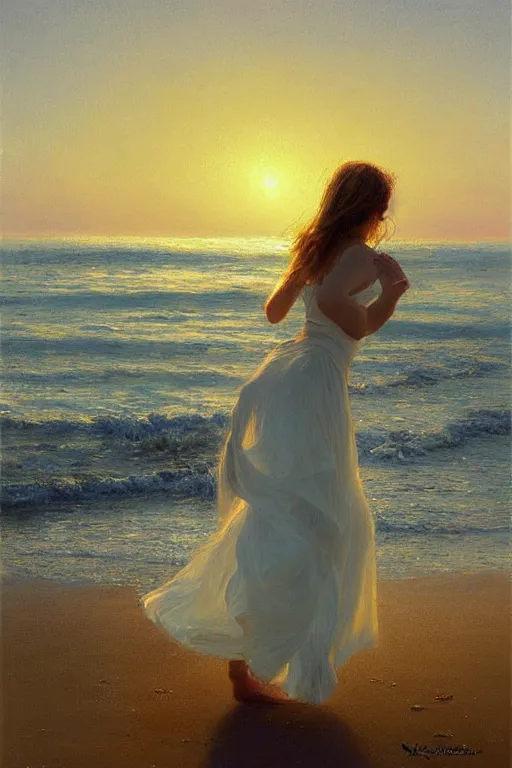 Image similar to a girl dancing on the seashore at sunset, by vicente romero redondo