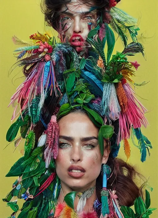 Prompt: beautiful portrait of Irina Shayk wearing fantastic Hand-dyed cotton dress,embellished beaded feather decorative fringe knots ,colorful pigtail,subtropical flowers and plants,intricate,elegant,highly detailed,8k,post-processing,digital painting,trending on pinterest,VOGUE,concept art, sharp focus, illustration, by artgerm,Tom Bagshaw,Lawrence Alma-Tadema,greg rutkowski,alphonse Mucha