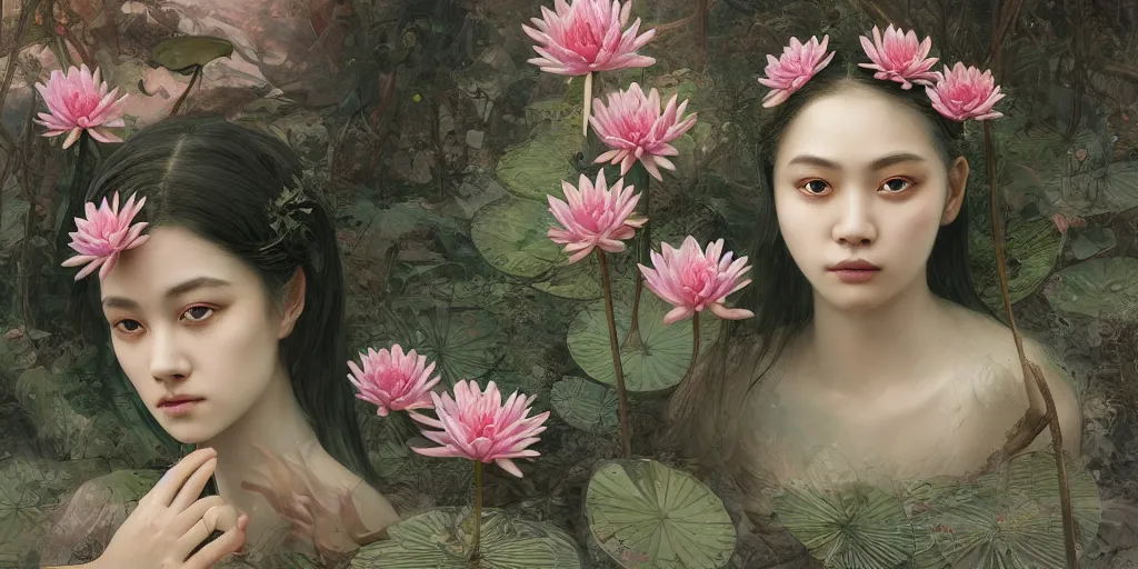 Image similar to breathtaking detailed concept art painting of the goddess of water lily flowers, orthodox saint, with anxious, piercing eyes, ornate background, amalgamation of leaves and flowers, by Hsiao-Ron Cheng, extremely moody lighting, 8K