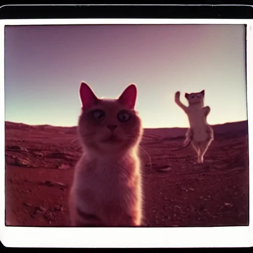 Prompt: polaroid of a cat and aliens taking a selfie together in mars
