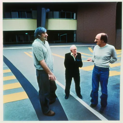 Prompt: photograph douglas adams discussing happier times with steve jobs on campus 1 9 8 8, healthy, douglas adams, in thomas ruff style, 3 5 mm ektachrome