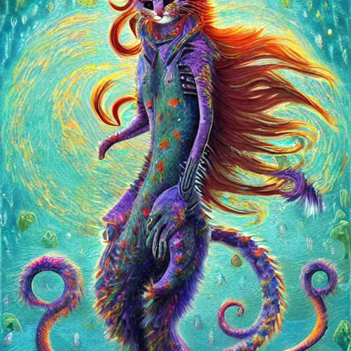 Image similar to cat seahorse shapeshifter, long haired humanoid voidpunk fursona, detailed painterly digital art by wlop, louis wain, lisa frank, furaffinity, cgsociety, trending on deviantart