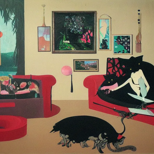 Prompt: catgirl emo art student in her lounge room, painting of flood waters inside an artist's loungeroom, a river flooding indoors, pomegranates, pigs, ikebana, water, octopus, river, rapids, waterfall, black swans, canoe, berries, acrylic on canvas, surrealist, by magritte and monet