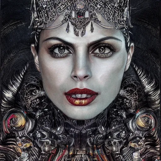 Prompt: hyper realistic pencil drawing of Morena Baccarin as a eldritch queen, intricate detail, beautiful, battle armor, war, fight, light, dragon, colorful by anna dittmann