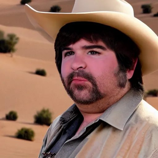 Image similar to close-up cinematic shot of Dan Schneider dressed as a cowboy in the desert, 8k, highly detailed, highly intricate, hd lighting,