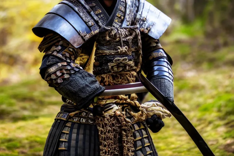 Prompt: A medium close up photo of a samurai warrior wearing high tech armor standing with a katana in his hands in an overgrown ancient valley, cinematic, very shallow depth of field