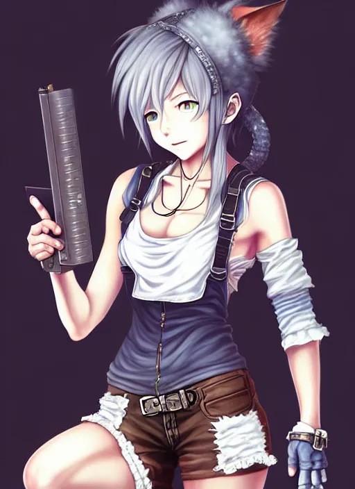 Image similar to a portrait of catgirl wearing white vest, and denim shorts an anime digital art ultrafine detailed painting, detailed painting, detailed eyes!!, final fantasy octopath traveler overlord