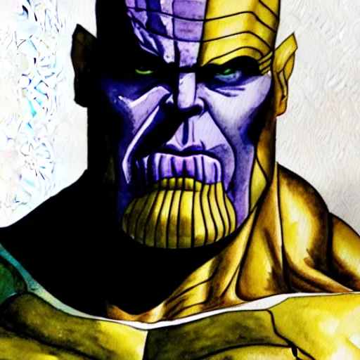 Prompt: a portrait of thanos, watercolor painting on a paper