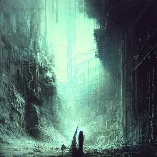 Prompt: lost and alone in an industrial wasteland by gustave dore and gustave moreau and beksinski and giger and craig mullins and jeremy mann