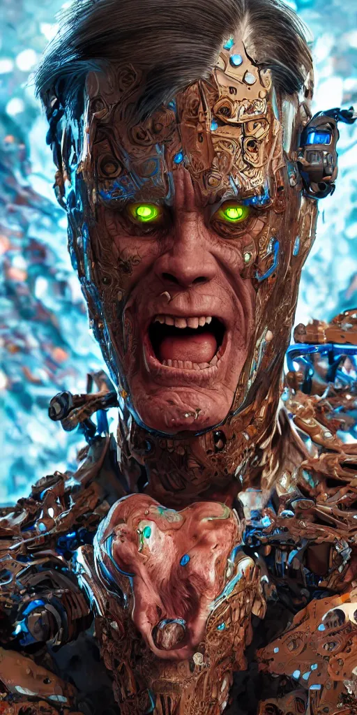 Image similar to Jim Carrey cyborg warrior, insane, intricate, highly detailed, digital painting, artstation, concept art, smooth, sharp focus, illustration, Unreal Engine 5, 8K