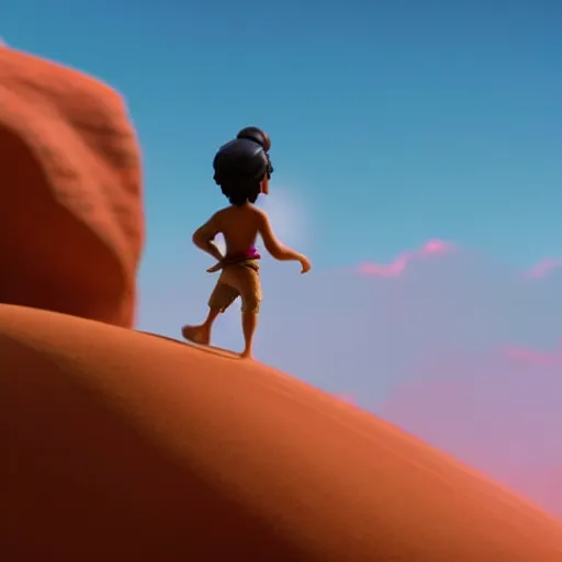 Image similar to a profile view of young aladdin as nendoroid walking in a desert in the croods movie style, 8 k, hd, dof, kodak film, volumetric lighting, subsurface scattering, photorealistic, octane render