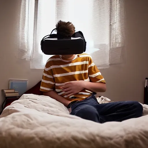 Prompt: A teenage caucasian boy wearing a VR-headset sitting on his messy bed, the room is very small with a lot of junk laying around. The dim room is lit by a bright light escaping from the VR-headset. dim lighting, award-winning