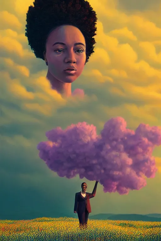 Prompt: portrait, giant lilac flower as head, black woman in suit in heather field, surreal photography, golden hour, colorful clouds, impressionist painting, digital painting, artstation, simon stalenhag