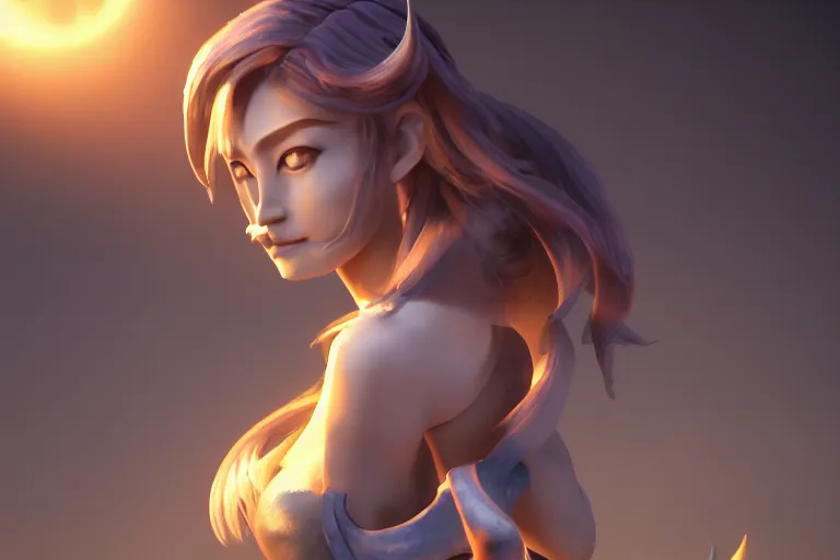 Image similar to Luna from Dota 2, beautiful woman, 3 render, octane, rim light, crespuscular rays