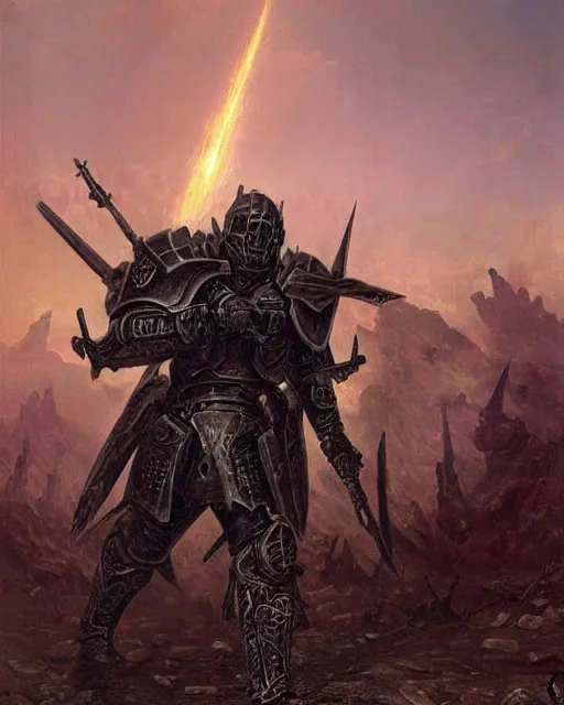 Image similar to a heavily armoured death knight standing in a battlefield of fallen, by thomas cole and wayne barlowe