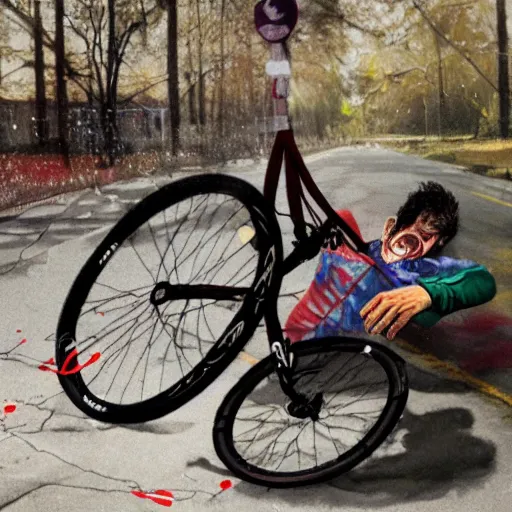 Image similar to Brian Limmond in a bike crash falling of his bike, blood, photorealistic