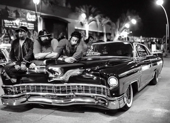 Image similar to chicano homeboys hanging out at a lowrider show at twilight in east los angeles, ilfochrome, 8 k resolution