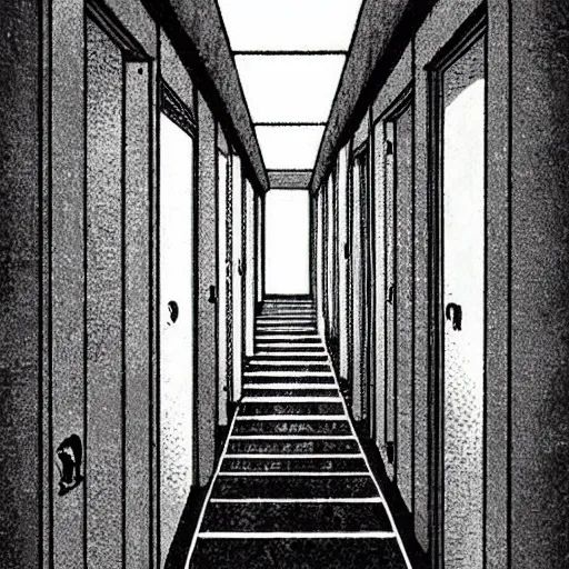 Image similar to “A creepy bright white hallway with many doors by Junji Ito, detailed background”