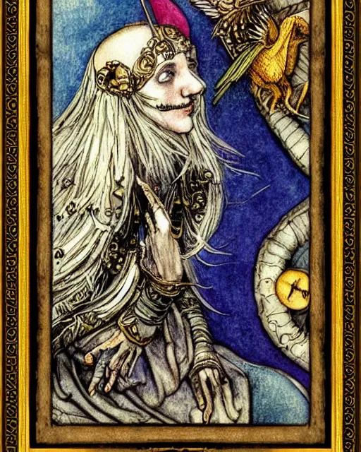 Prompt: tarot card, very detailed painting, illustration, colorful, tarot card ornate frame with roman numerals, in style of Arthur Rackham